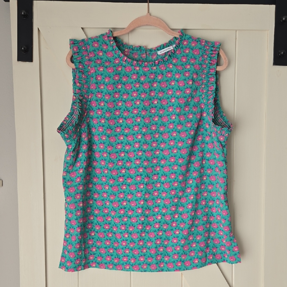 Staccato Green Floral Sleeveless Blouse with Pink Accents